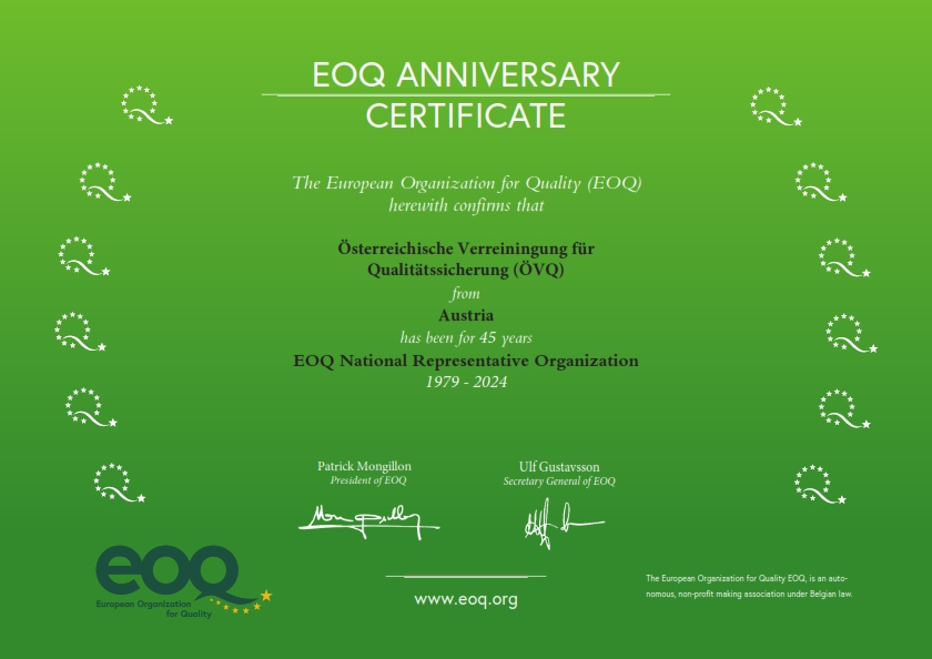 Zertifikat 45 Jahre EOQ Mitgliedschaft